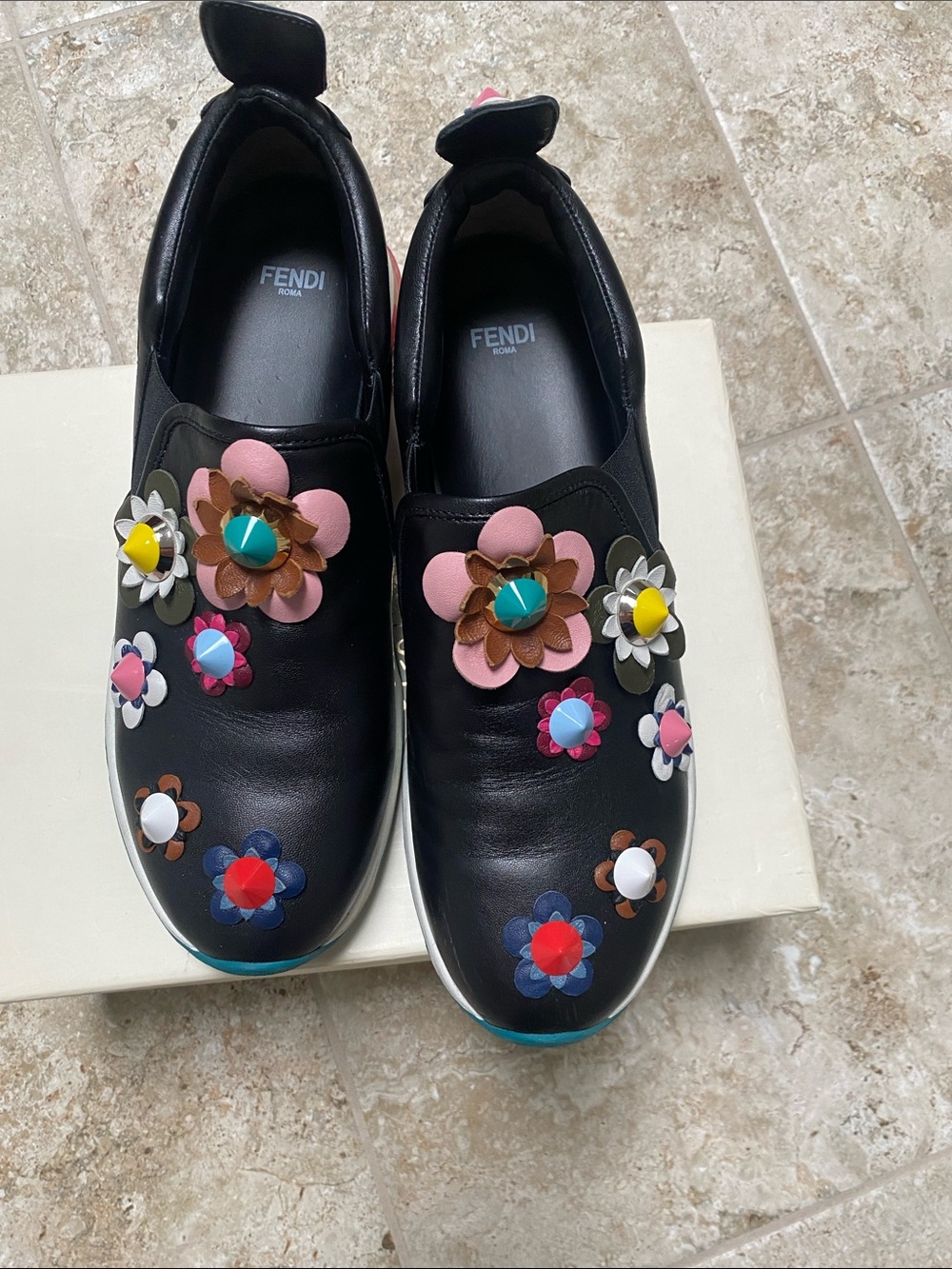 Fendi Black Leather Slip-On Sneakers with Multicolor Floral Appliqués - Picture 9 of 10